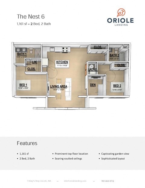 Floor plan for 2 beds, 2 baths, 1161 sqft